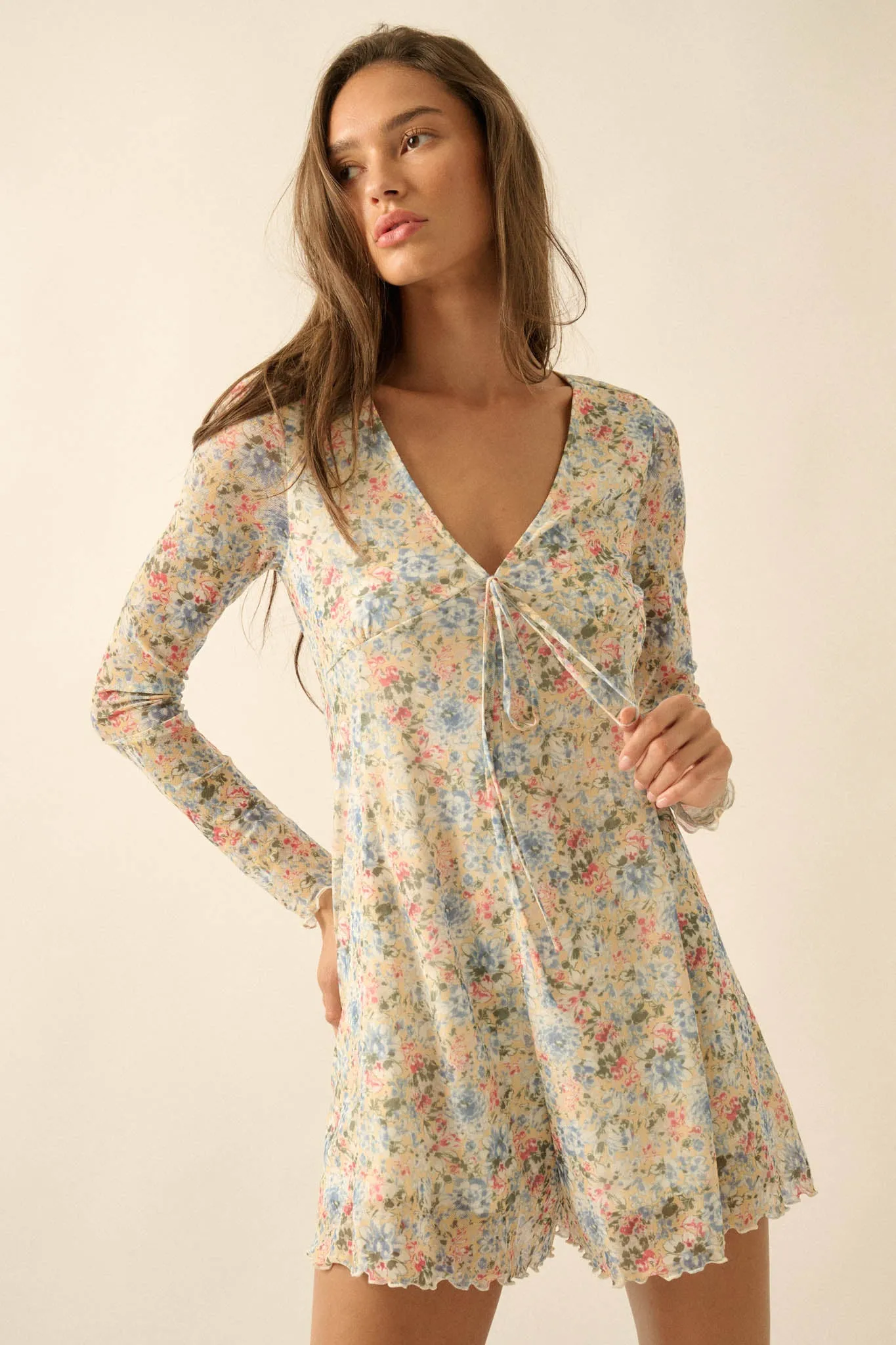 Budding Love Floral Mesh V-Neck Long-Sleeve Romper sold by Promesa