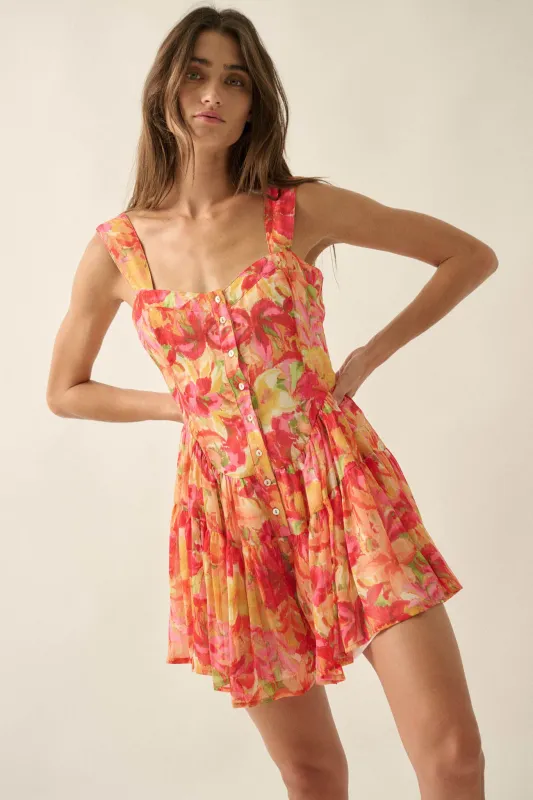 Blooming Citrine Floral Chiffon Tiered Ruffle Romper made by Promesa