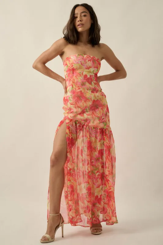 Citrine Garden Floral Chiffon Strapless Maxi Dress made by Promesa