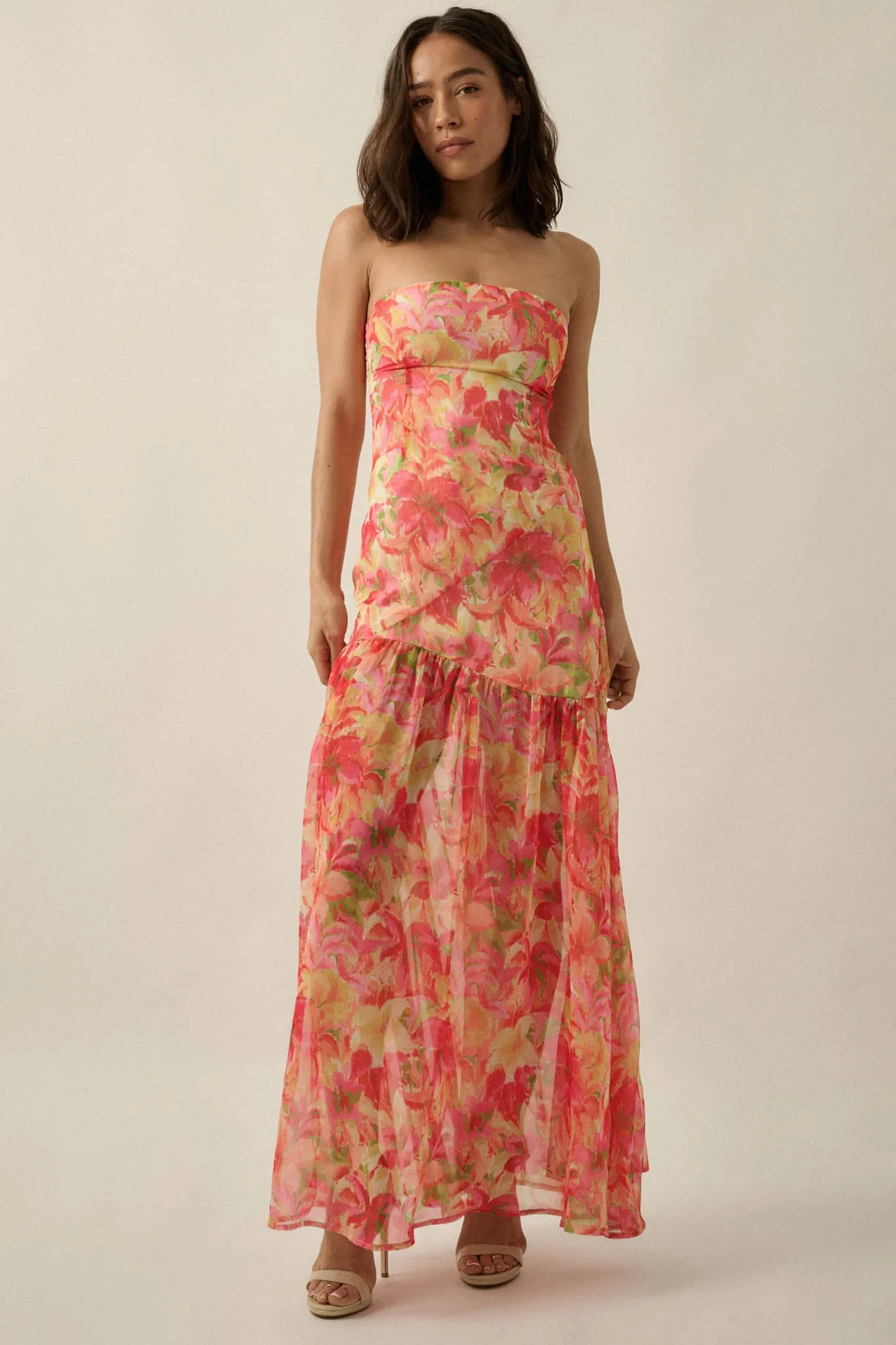 Citrine Garden Floral Chiffon Strapless Maxi Dress sold by Promesa product image thumbnail 3