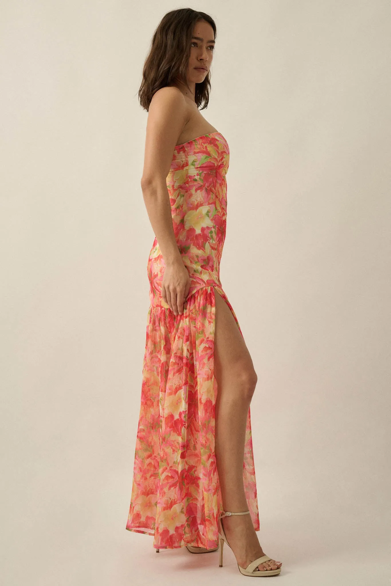 Citrine Garden Floral Chiffon Strapless Maxi Dress sold by Promesa product image thumbnail 5