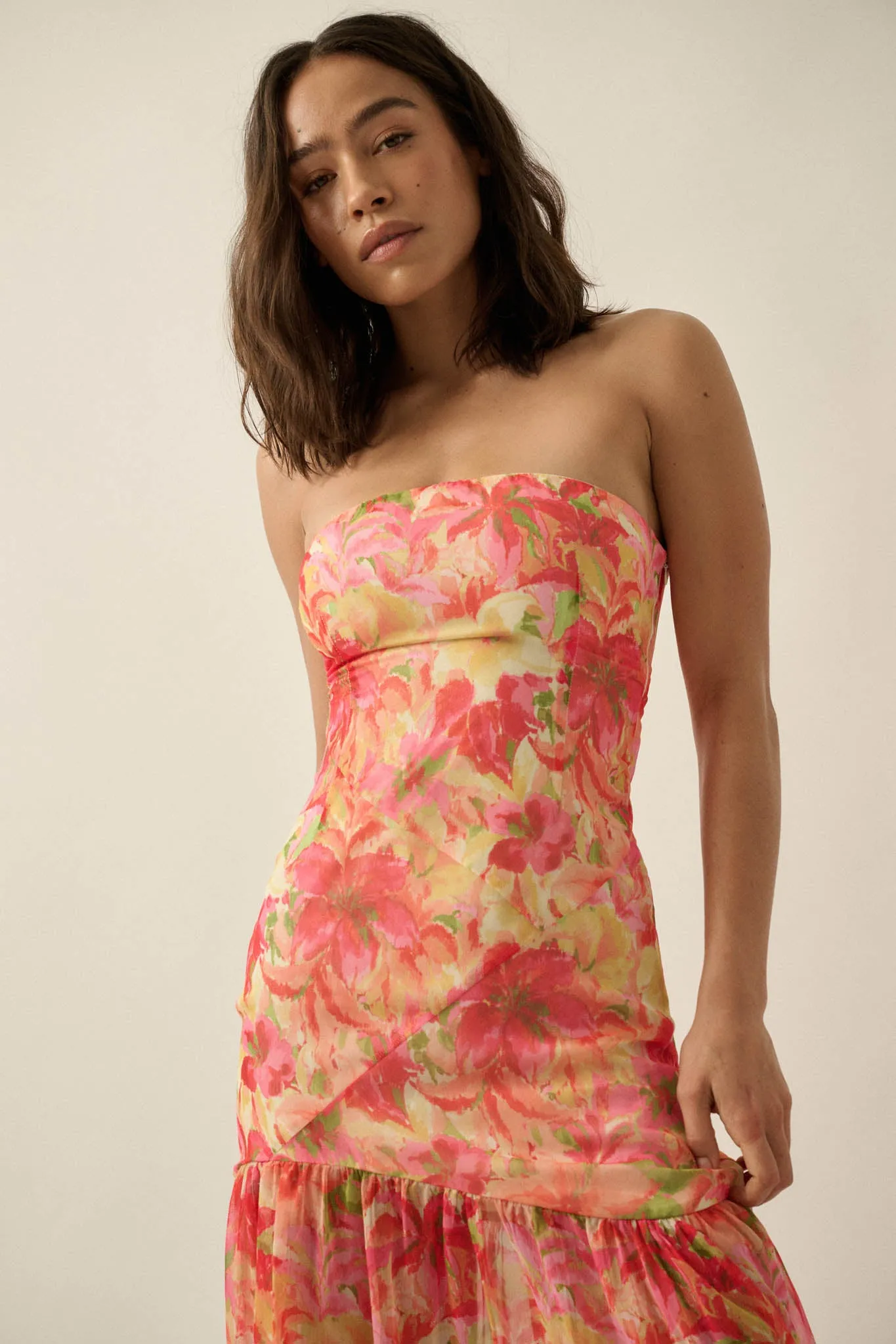 Citrine Garden Floral Chiffon Strapless Maxi Dress sold by Promesa product image thumbnail 4