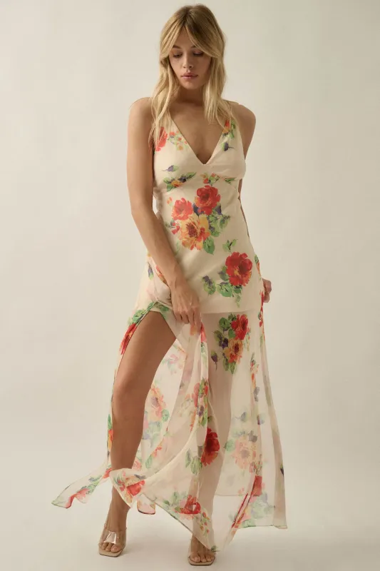 Enchanting Blooms Floral Chiffon Open-Back Maxi Dress made by Promesa