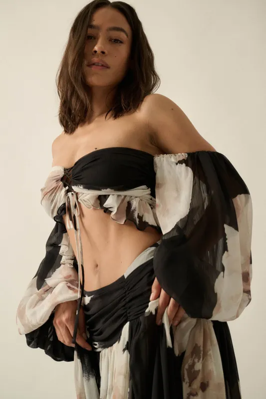 Peony Dream Floral Chiffon Long-Sleeve Bandeau Top made by Promesa