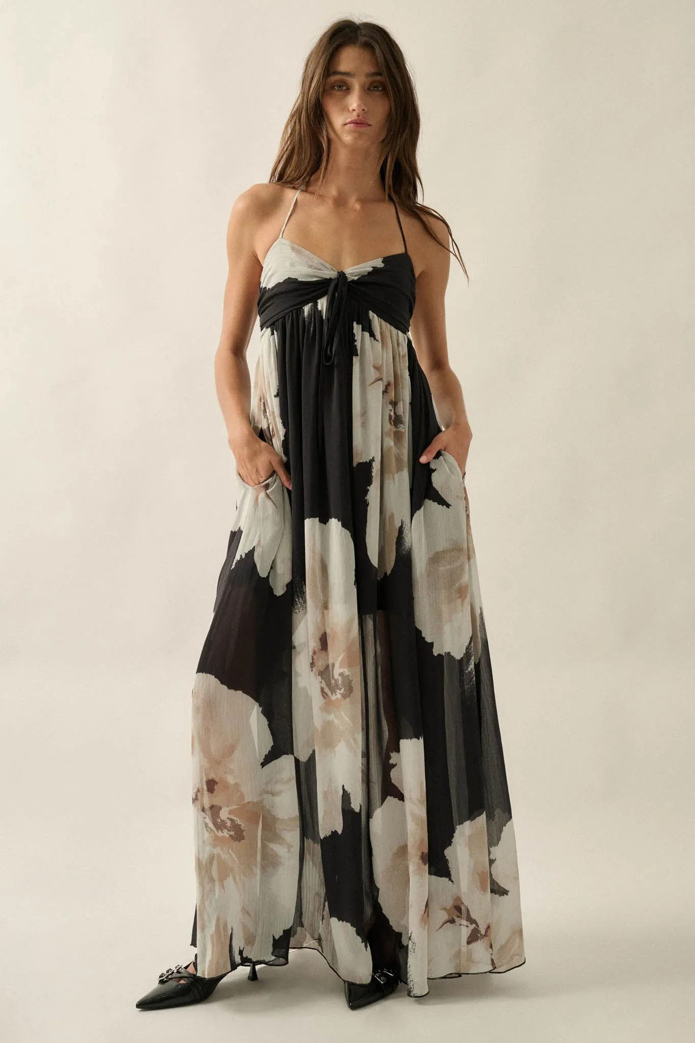 Painted Peonies Floral Chiffon Halter Maxi Dress sold by Promesa product image thumbnail 3