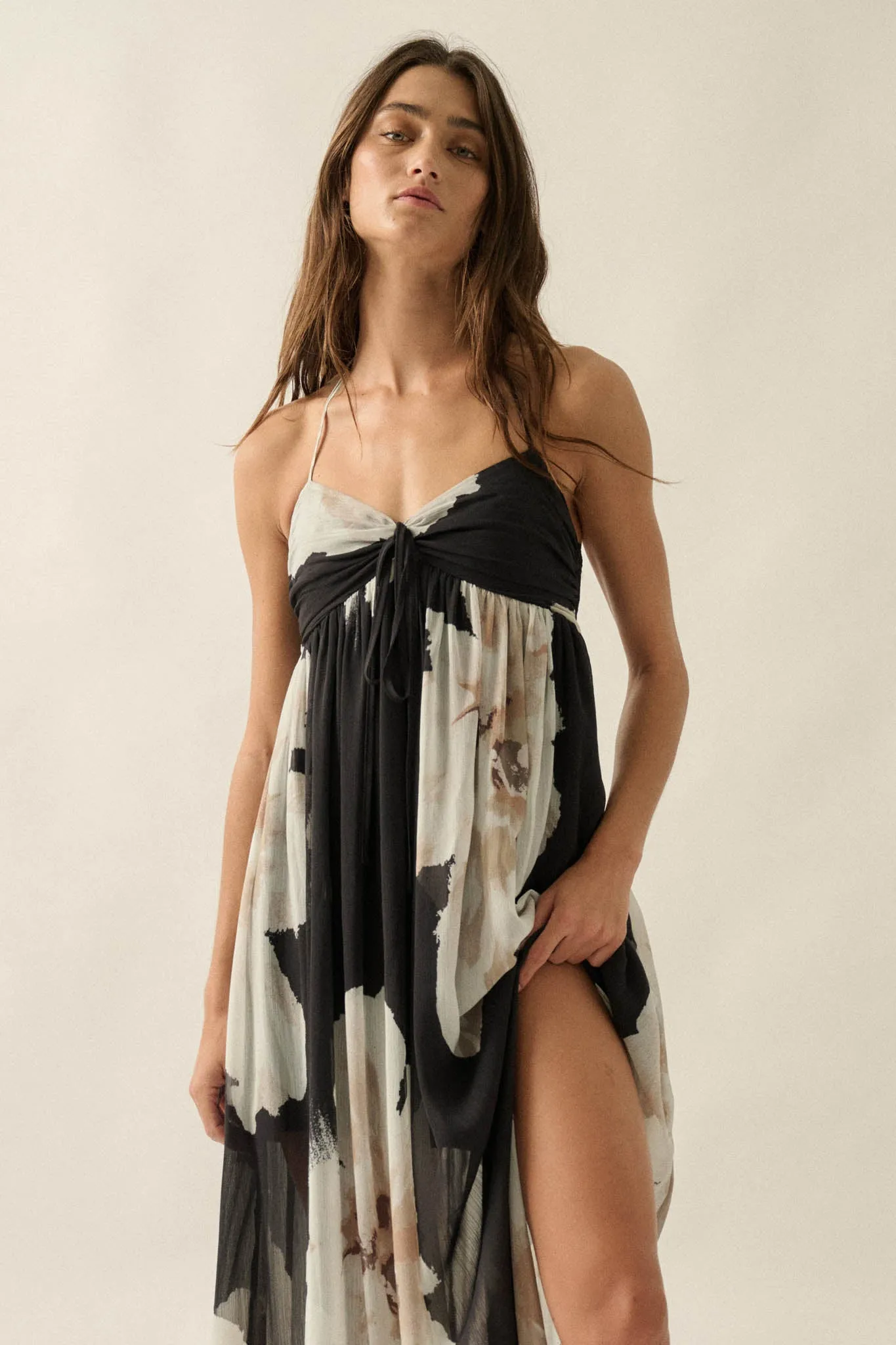 Painted Peonies Floral Chiffon Halter Maxi Dress sold by Promesa product image thumbnail 5