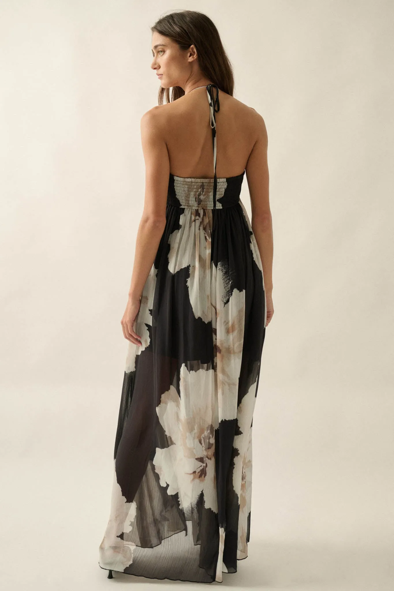 Painted Peonies Floral Chiffon Halter Maxi Dress sold by Promesa product image thumbnail 2