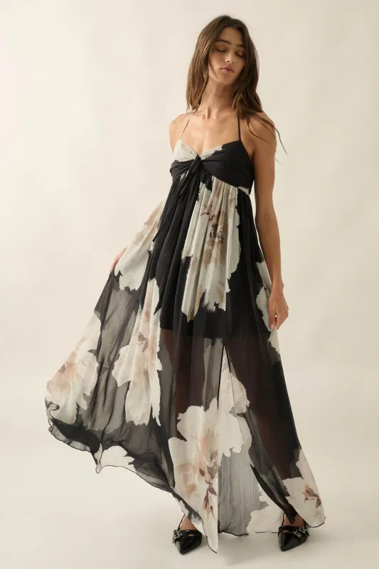 Painted Peonies Floral Chiffon Halter Maxi Dress made by Promesa