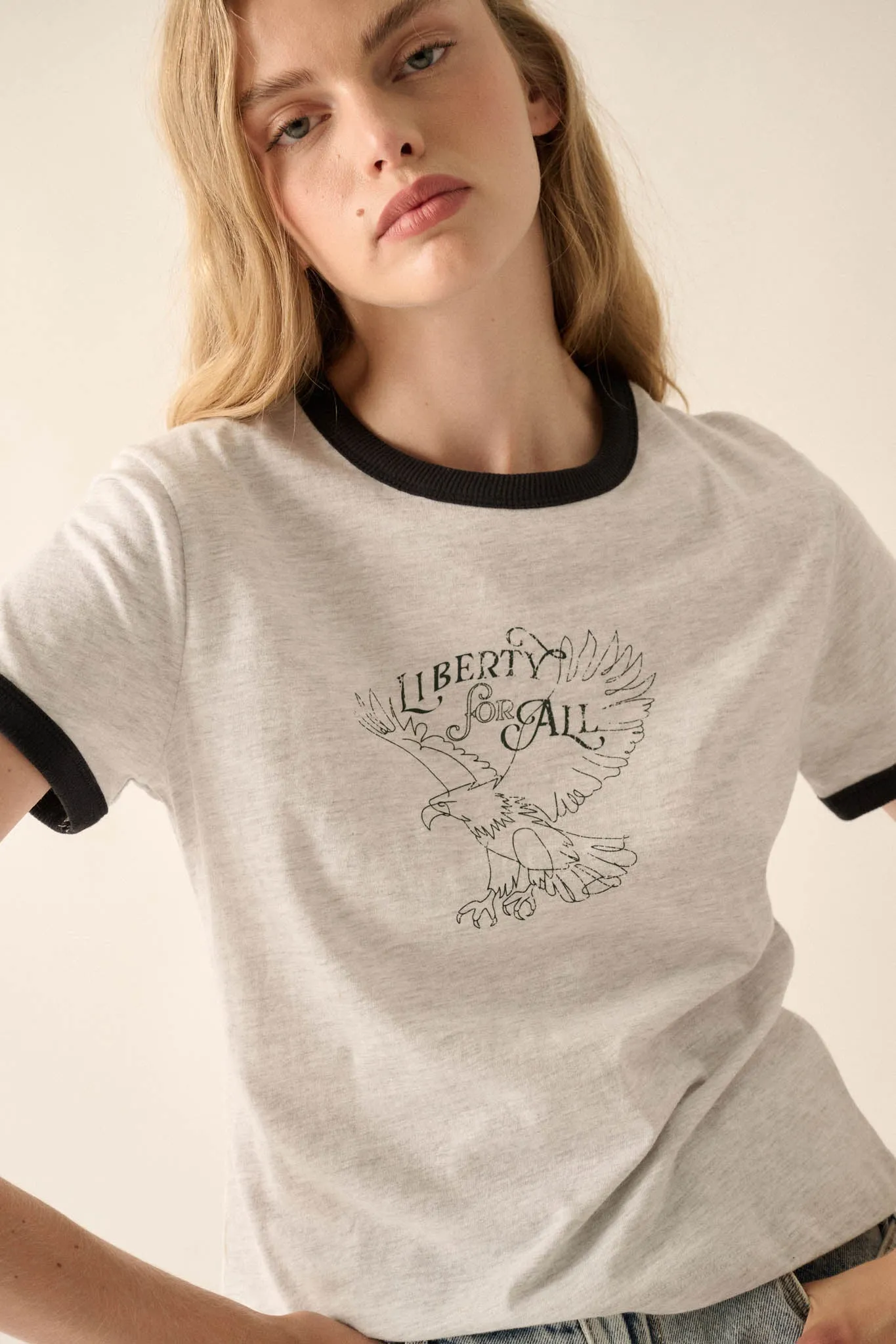 Liberty for All Vintage-Print Graphic Ringer Tee sold by Promesa product image thumbnail 4