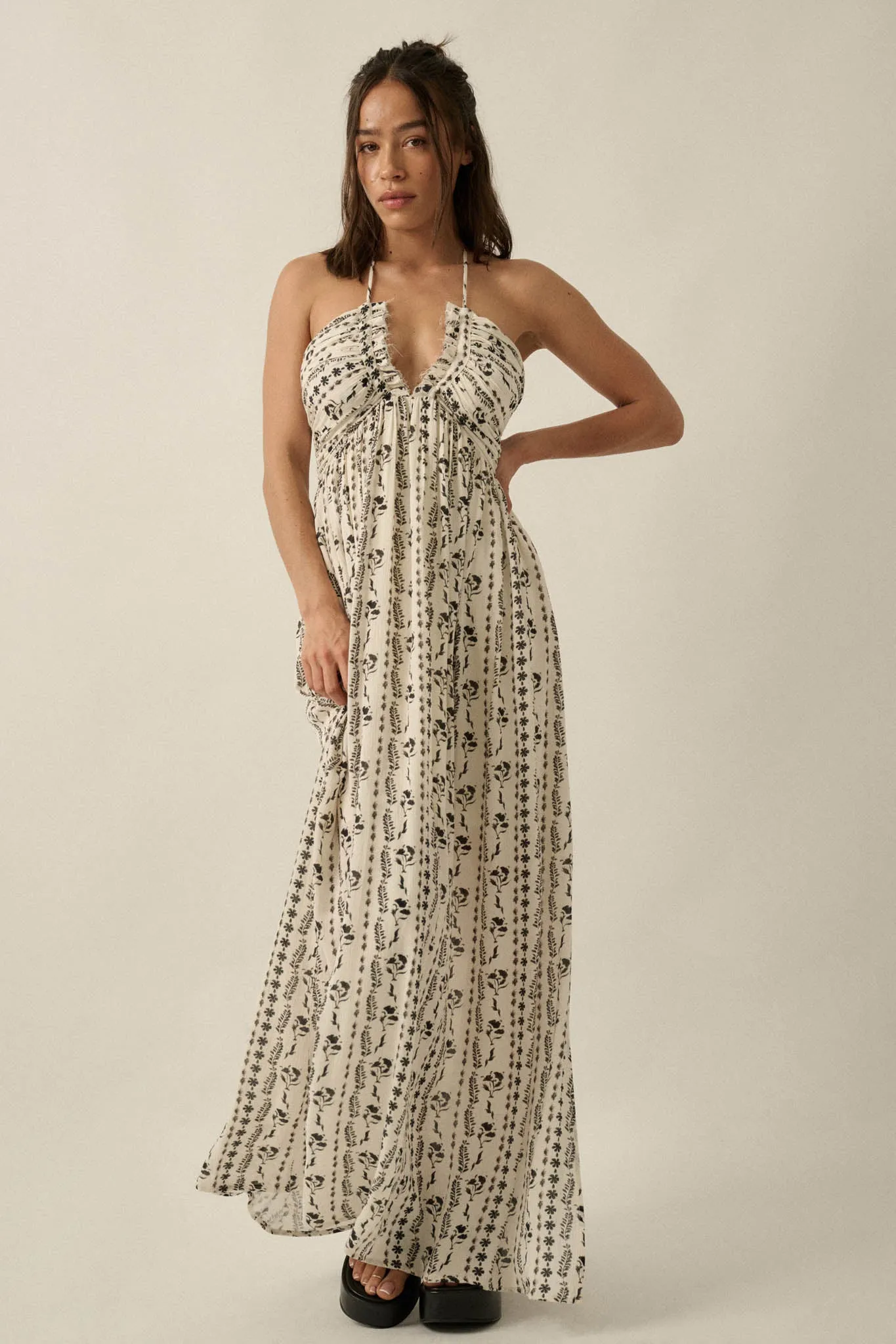 Growing My Way Floral-Stripe Crepe Halter Maxi Dress sold by Promesa product image thumbnail 3