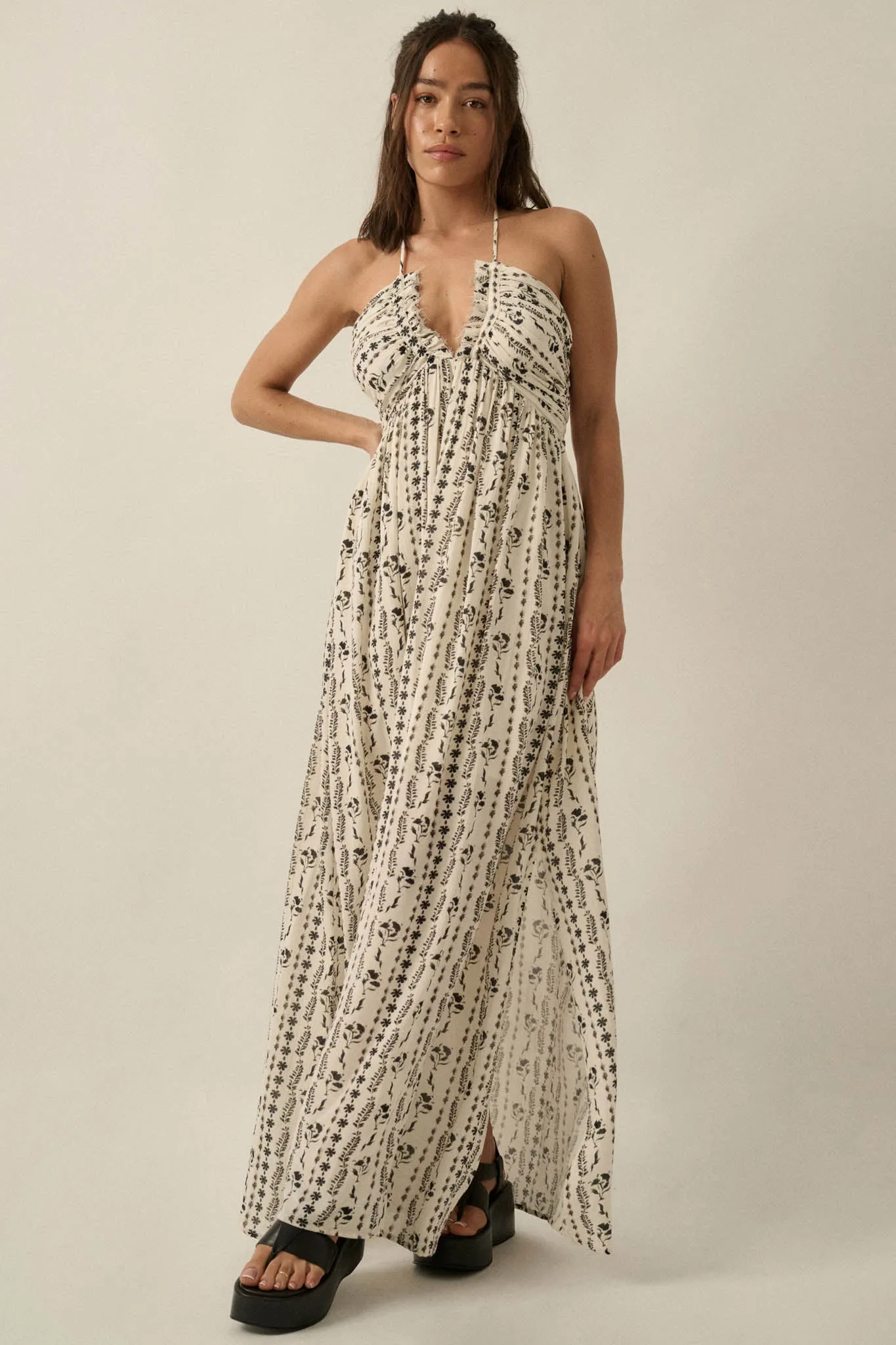 Growing My Way Floral-Stripe Crepe Halter Maxi Dress sold by Promesa