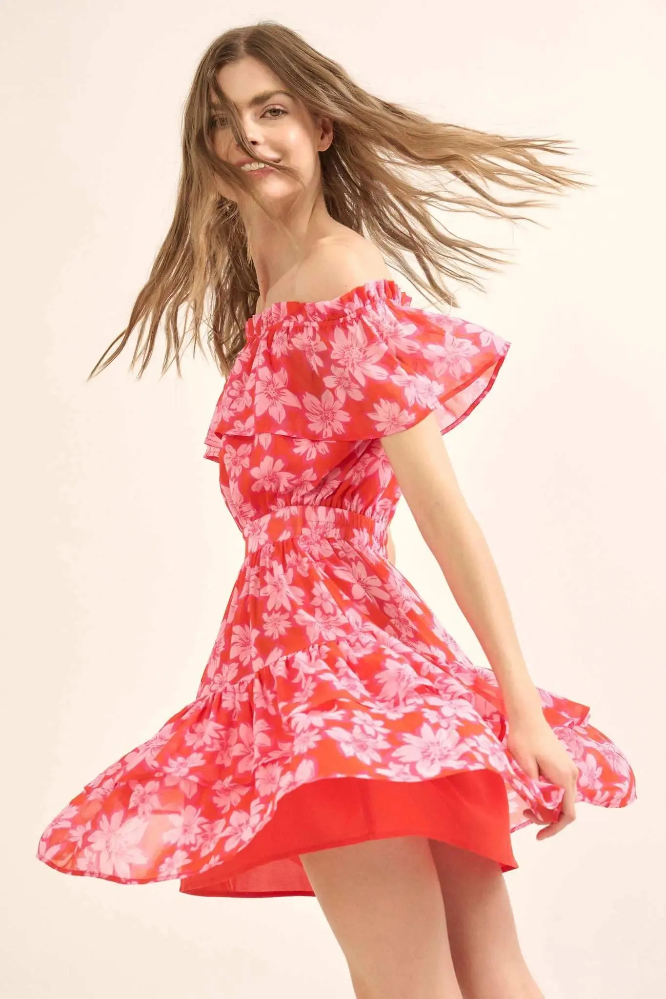 Island Flowers Ruffled Floral Off-Shoulder Mini Dress sold by Promesa