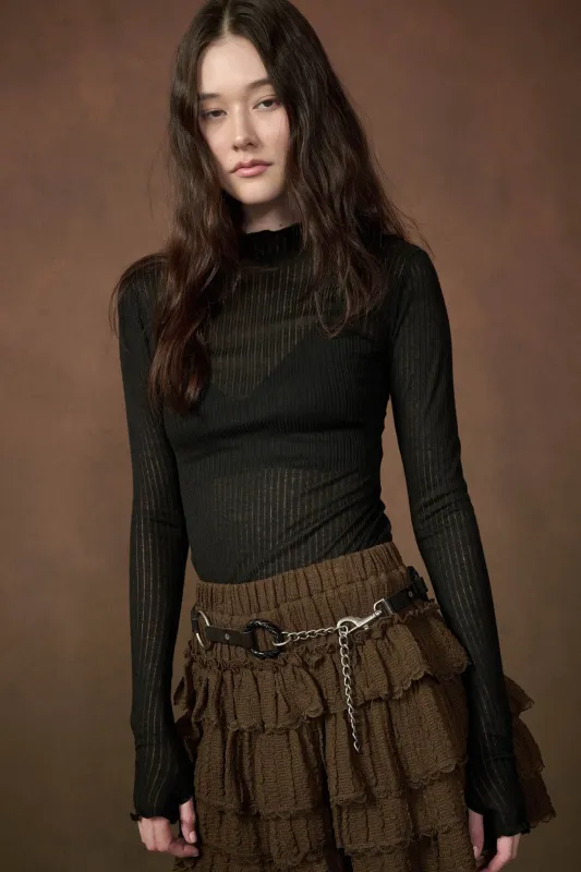 Fine Lines Sheer Ribbed Knit Mock-Neck Thumbhole Top made by Promesa