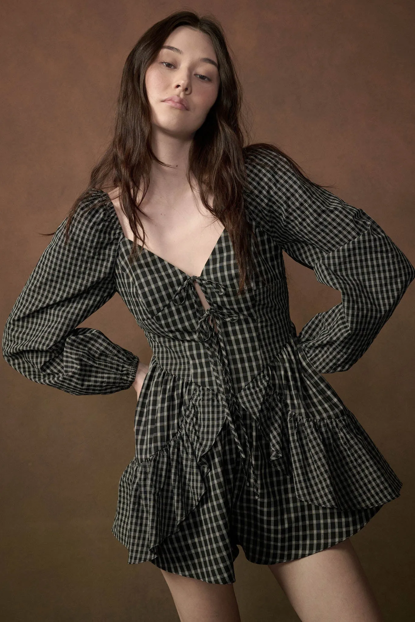 Square Deal Plaid Ruffled Tie-Front Romper sold by Promesa