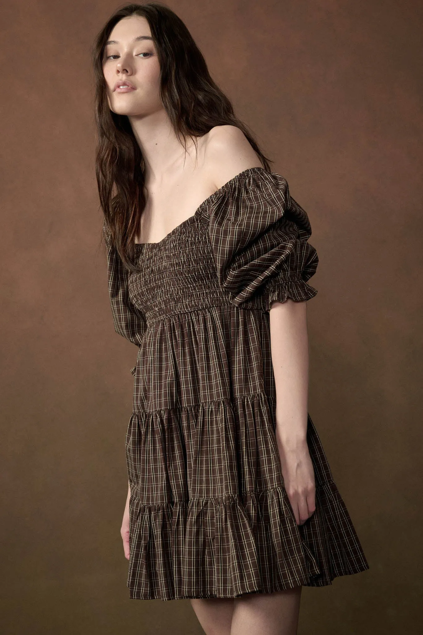 Square Dance Plaid Smocked Puff-Sleeve Mini Dress sold by Promesa product image thumbnail 3