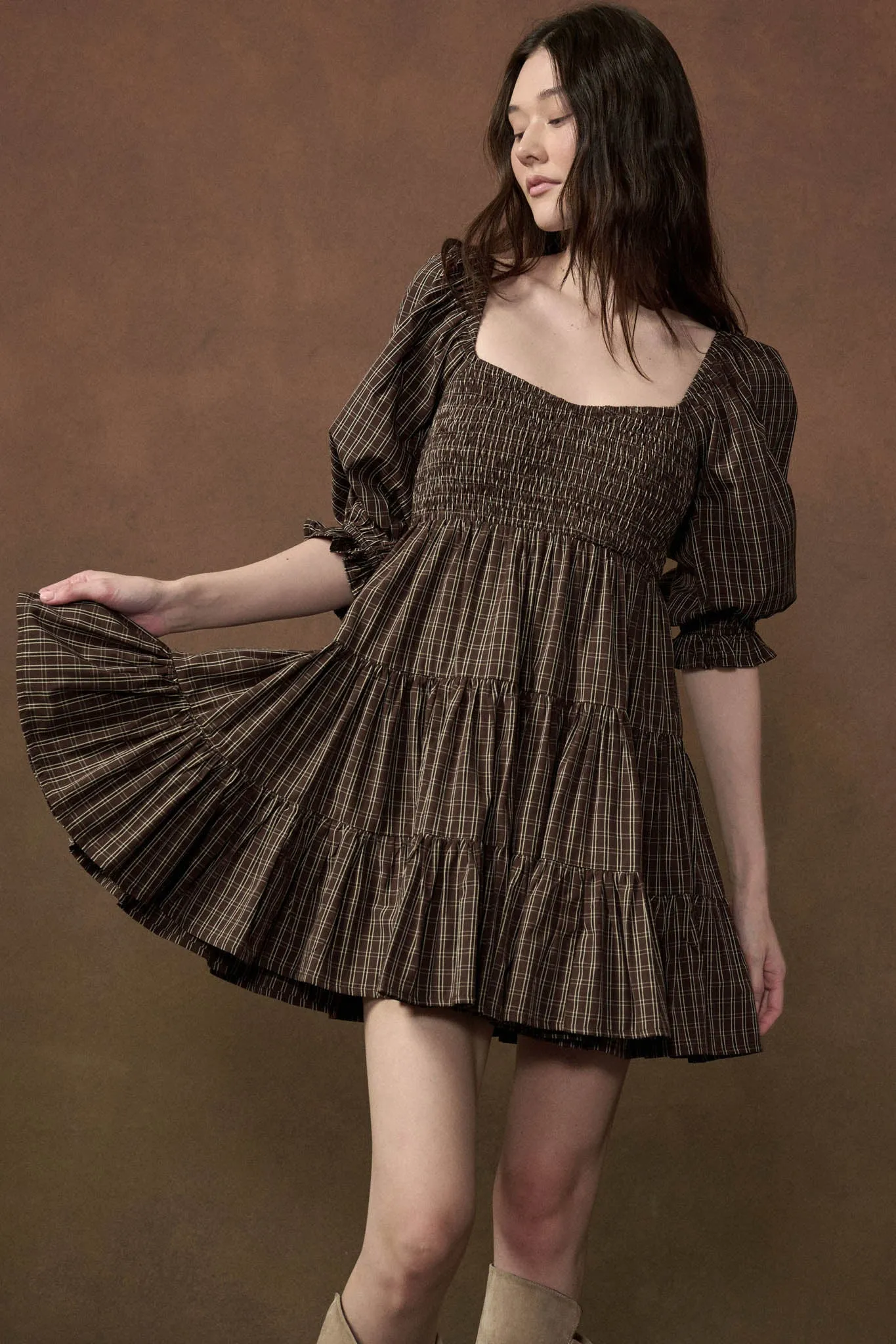 Square Dance Plaid Smocked Puff-Sleeve Mini Dress sold by Promesa