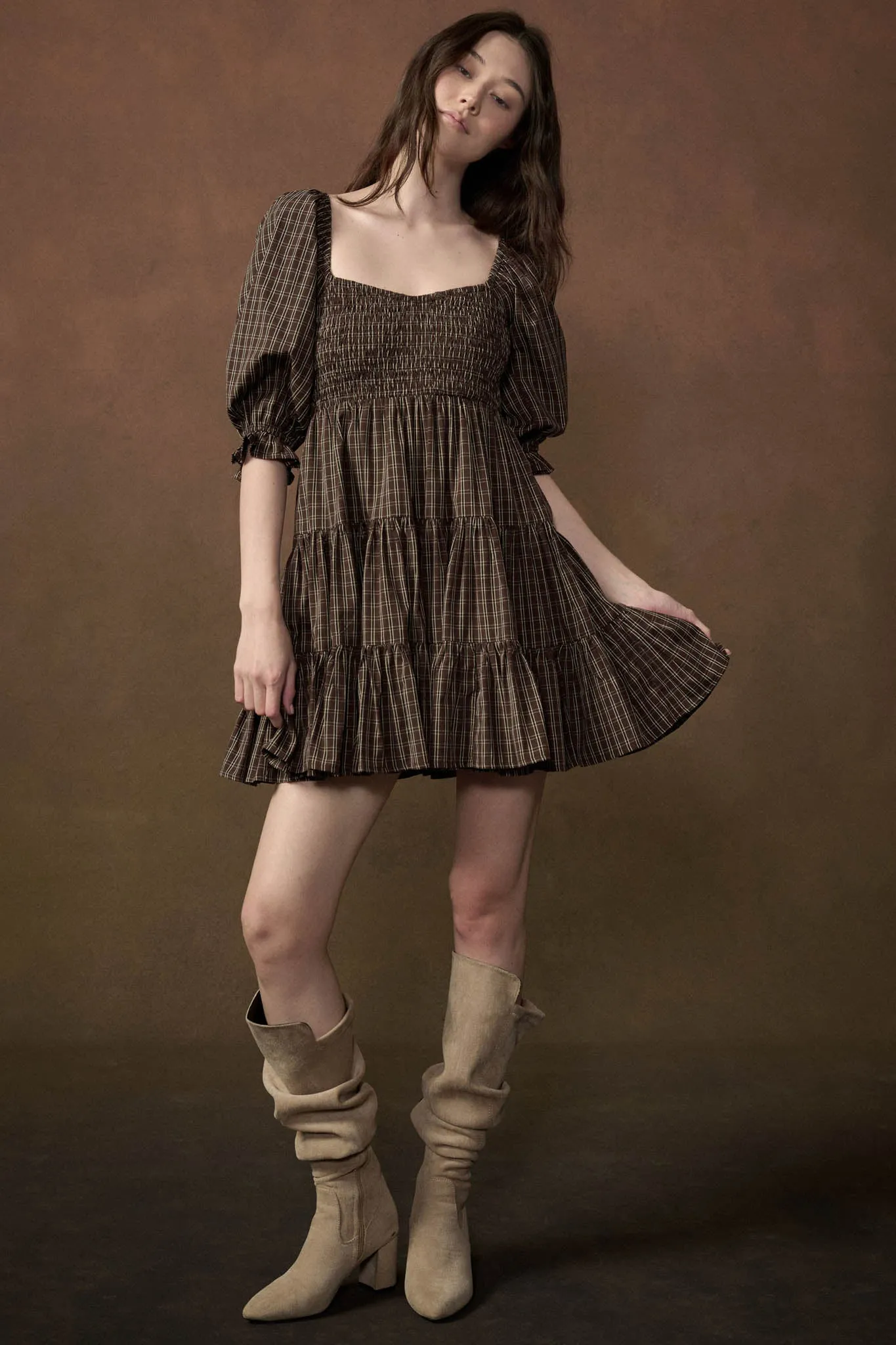 Square Dance Plaid Smocked Puff-Sleeve Mini Dress sold by Promesa product image thumbnail 5