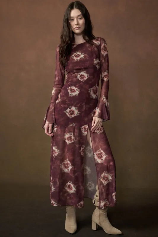 Bordeaux Beauty Floral Mesh Bell-Sleeve Maxi Dress made by Promesa