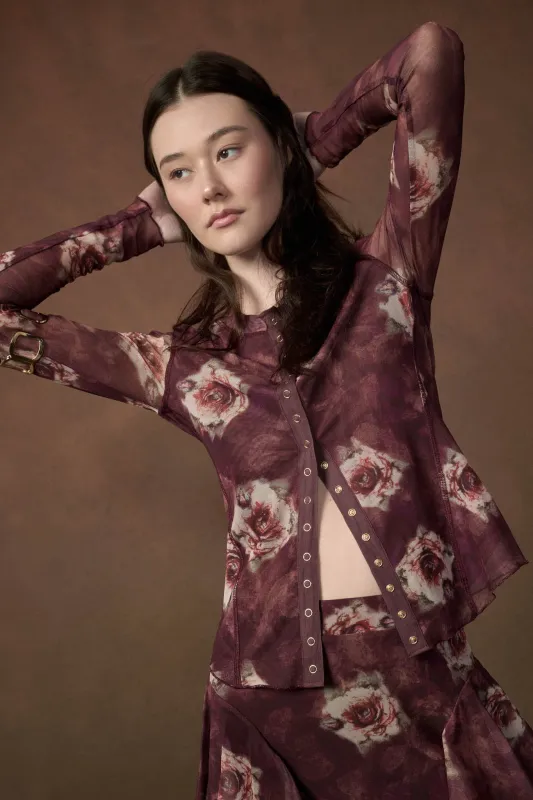 Merlot Bouquet Floral Mesh Long-Sleeve Snap-Front Top made by Promesa