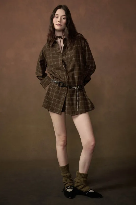 Boxed In Plaid Button-Front Belted Shirt Romper made by Promesa