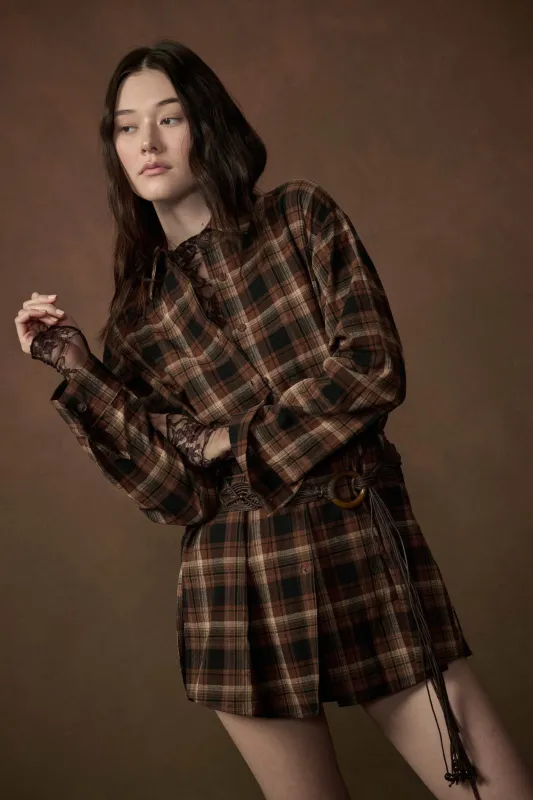 Breaking Plaid Button-Up Belted Shirt Romper made by Promesa