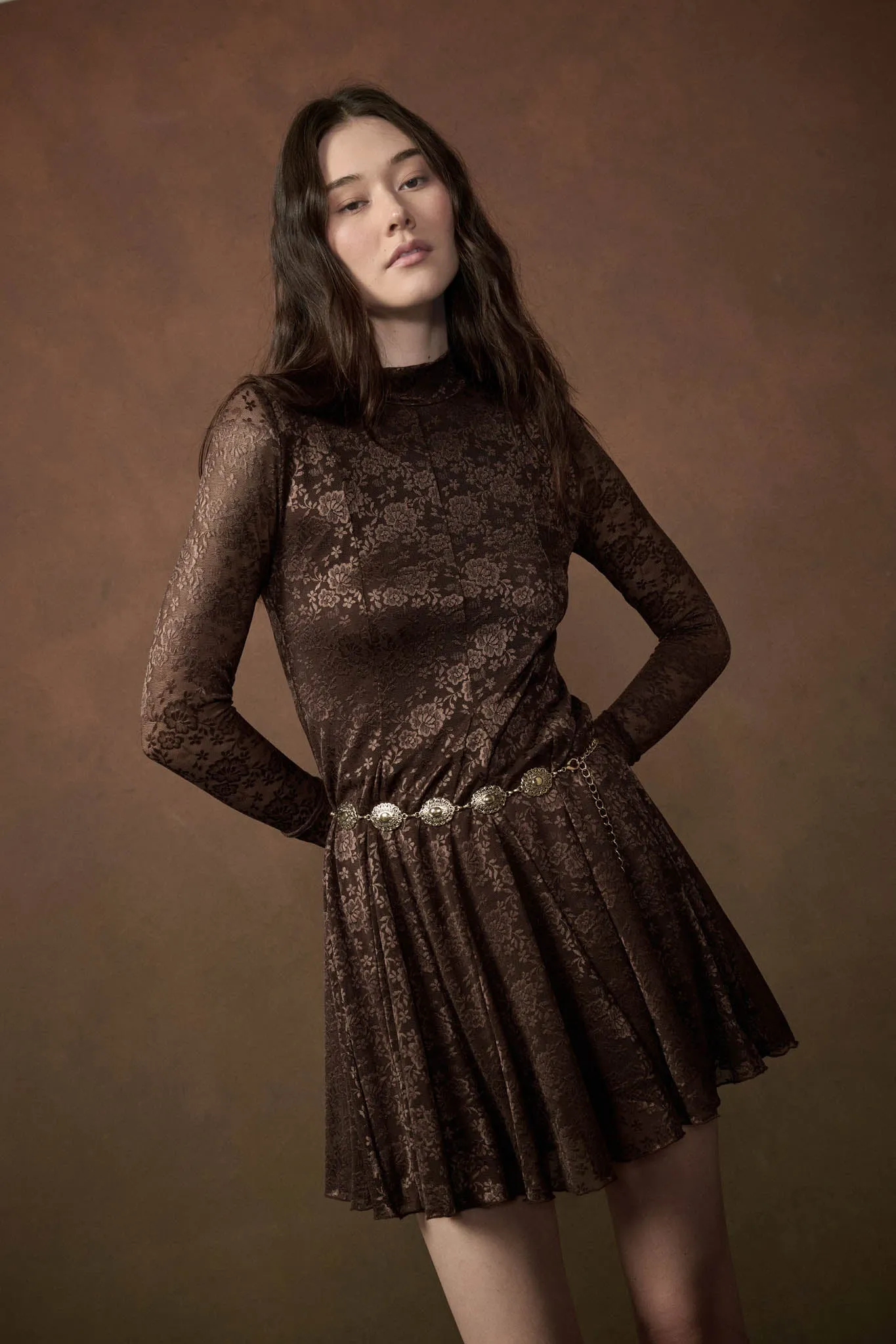 Spellbound Floral Lace Long-Sleeve Flare Mini Dress sold by Promesa product image thumbnail 4