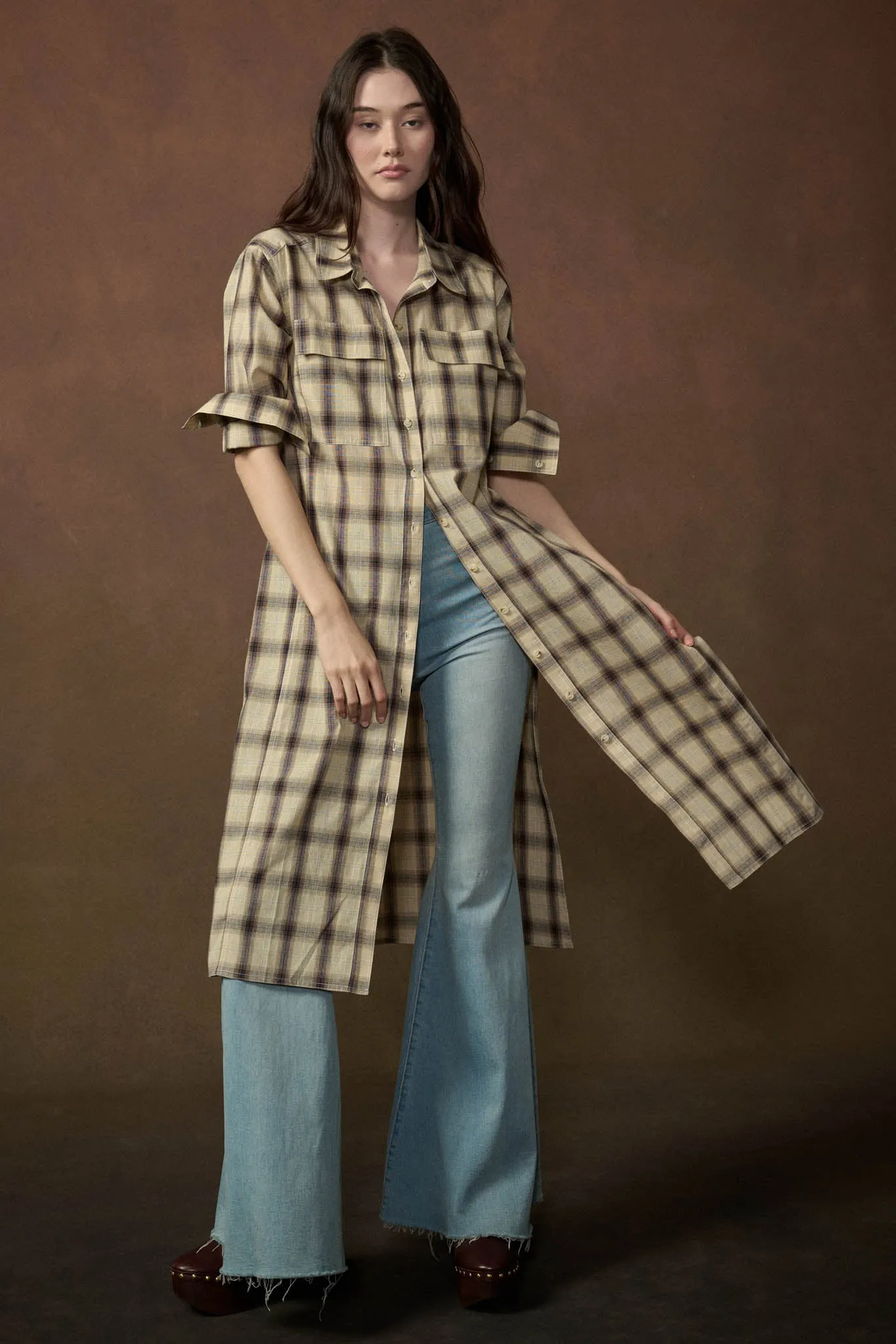 Off the Grid Plaid Button-Up Long-Sleeve Maxi Top sold by Promesa product image thumbnail 3