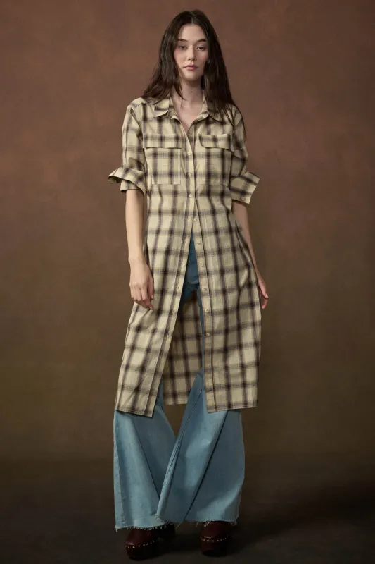 Off the Grid Plaid Button-Up Long-Sleeve Maxi Top made by Promesa