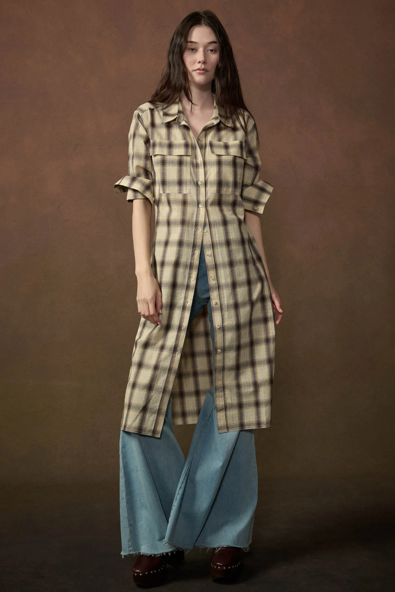 Off the Grid Plaid Button-Up Long-Sleeve Maxi Top sold by Promesa