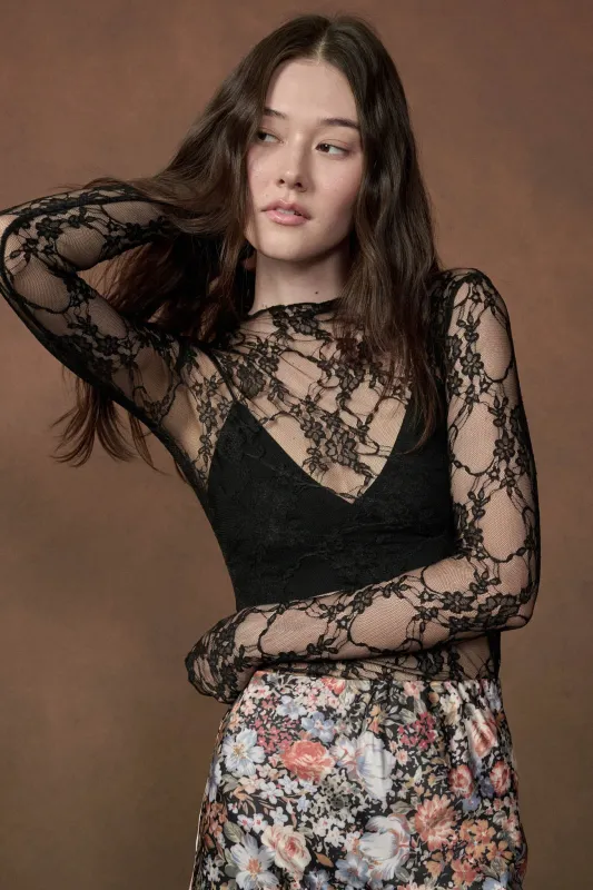 Secret Whisper Sheer Lace Long-Sleeve Layering Top made by Promesa
