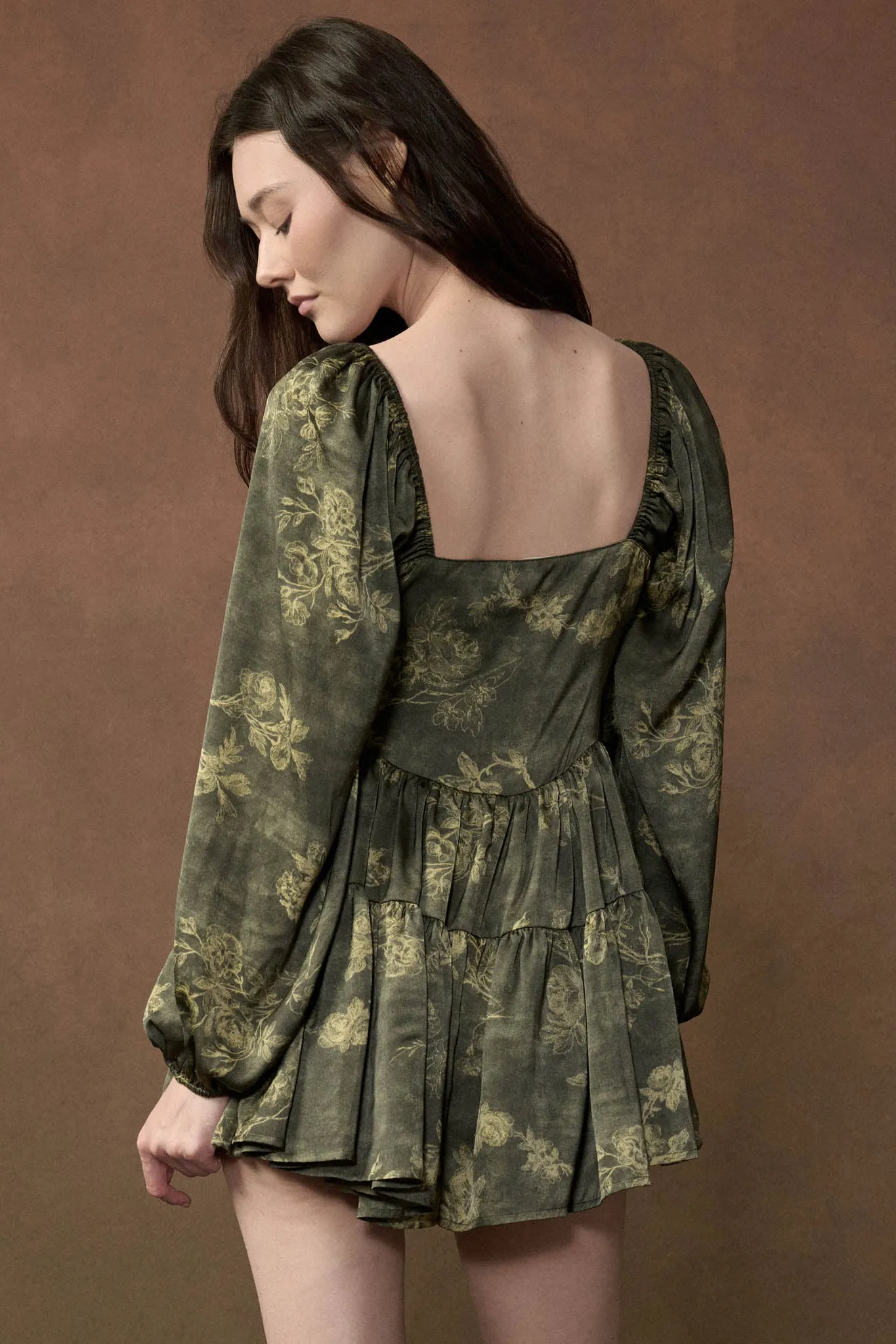Jade Blossoms Floral Satin Long-Sleeve Tiered Romper sold by Promesa product image thumbnail 2