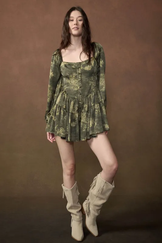 Jade Blossoms Floral Satin Long-Sleeve Tiered Romper made by Promesa