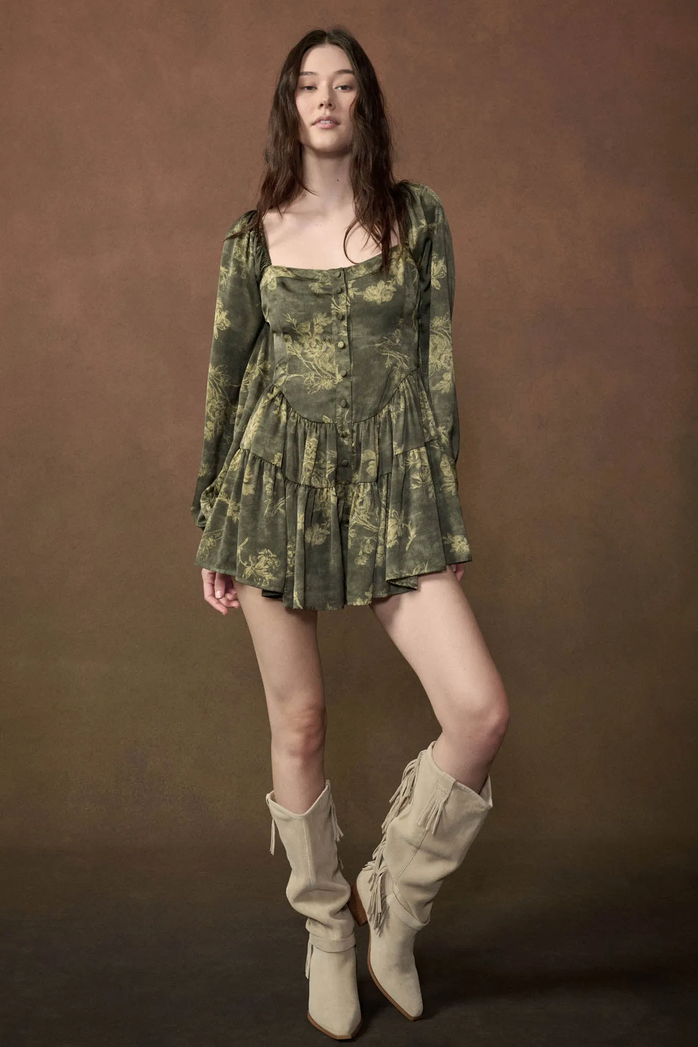 Jade Blossoms Floral Satin Long-Sleeve Tiered Romper sold by Promesa