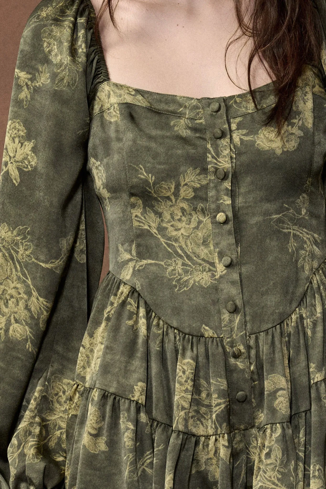 Jade Blossoms Floral Satin Long-Sleeve Tiered Romper sold by Promesa product image thumbnail 4