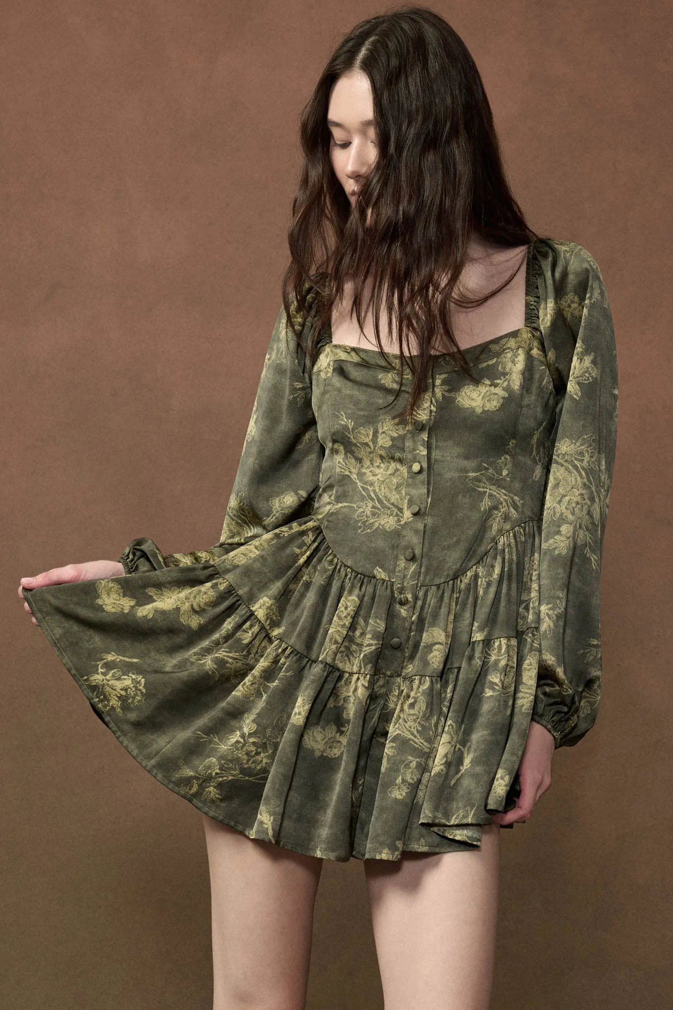 Jade Blossoms Floral Satin Long-Sleeve Tiered Romper sold by Promesa product image thumbnail 3