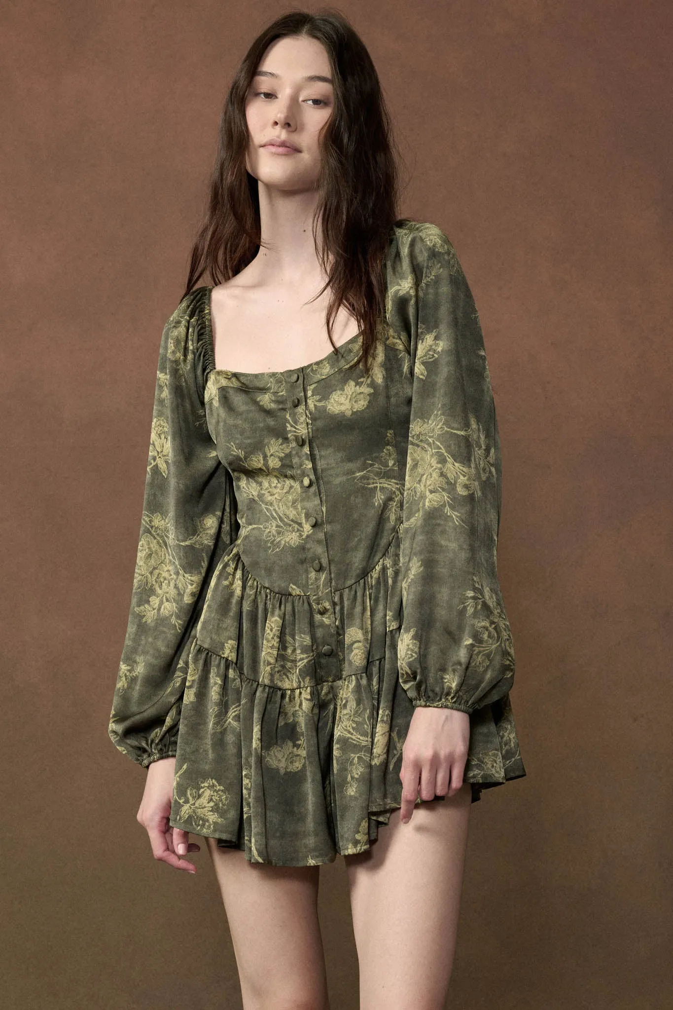 Jade Blossoms Floral Satin Long-Sleeve Tiered Romper sold by Promesa product image thumbnail 5