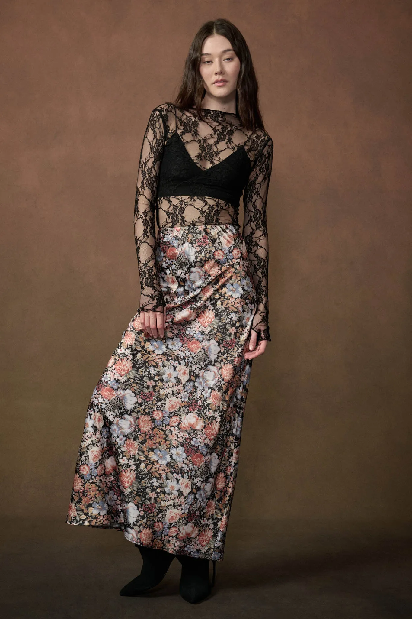 Bright Blooms Floral Satin Elastic-Waist Maxi Skirt sold by Promesa product image thumbnail 4