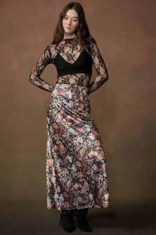 Bright Blooms Floral Satin Elastic-Waist Maxi Skirt made by Promesa