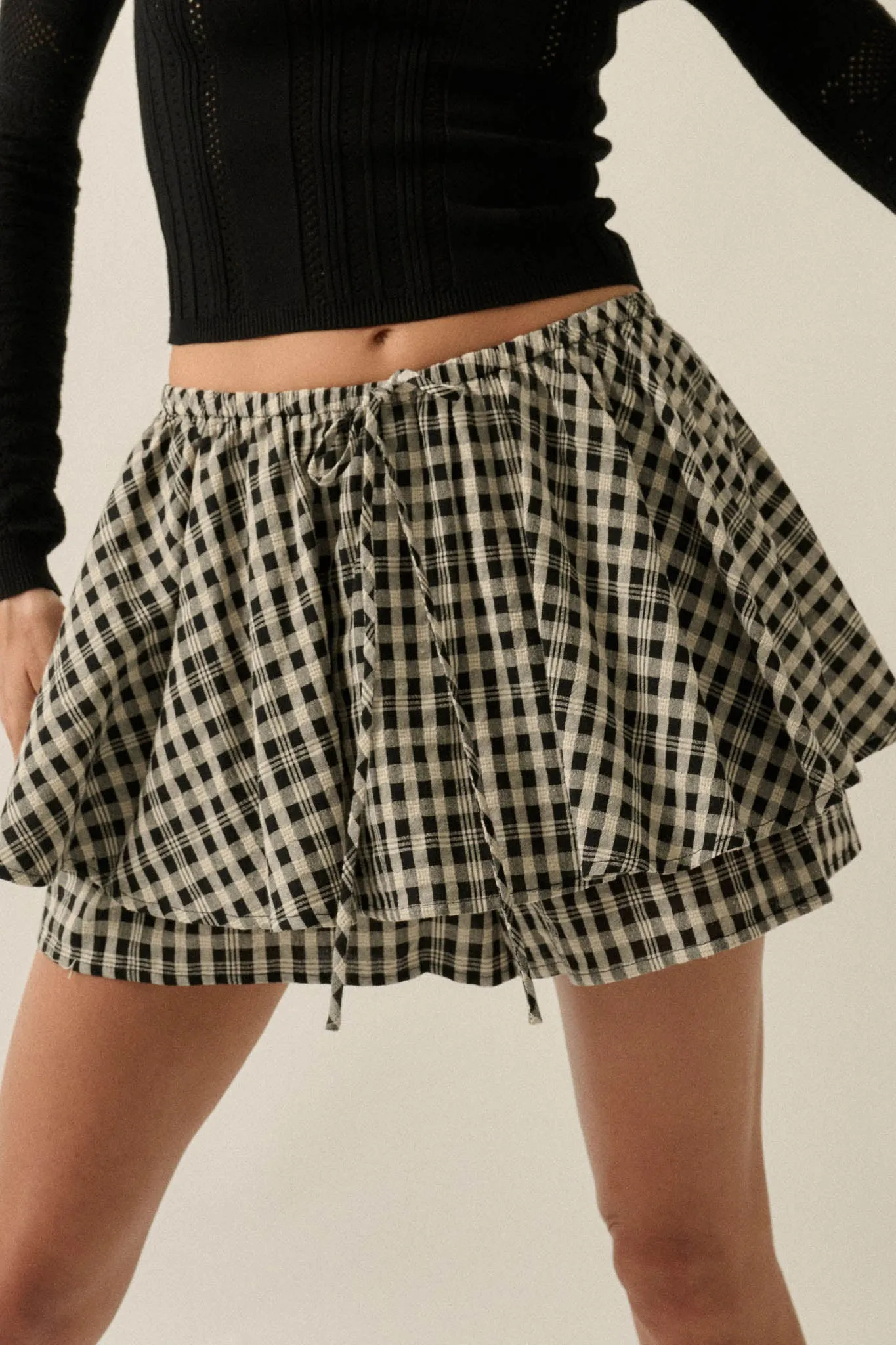 Fast Forward Plaid Gathered Drawstring Mini Skort sold by Promesa product image thumbnail 3