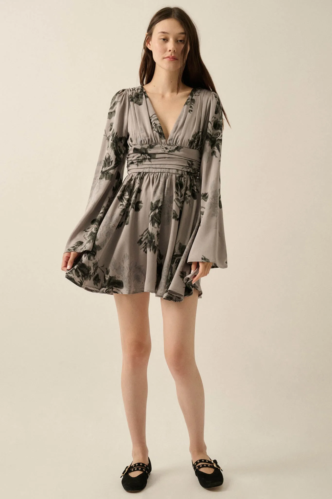 Rose Shadow Floral Satin Bell-Sleeve Mini Dress sold by Promesa product image thumbnail 3
