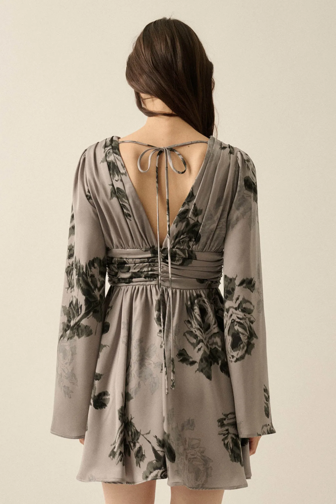 Rose Shadow Floral Satin Bell-Sleeve Mini Dress sold by Promesa product image thumbnail 2
