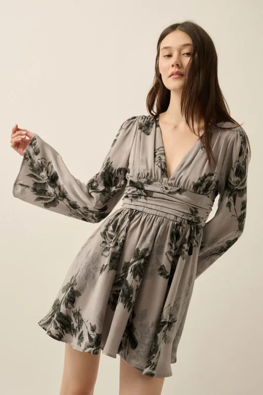Rose Shadow Floral Satin Bell-Sleeve Mini Dress made by Promesa