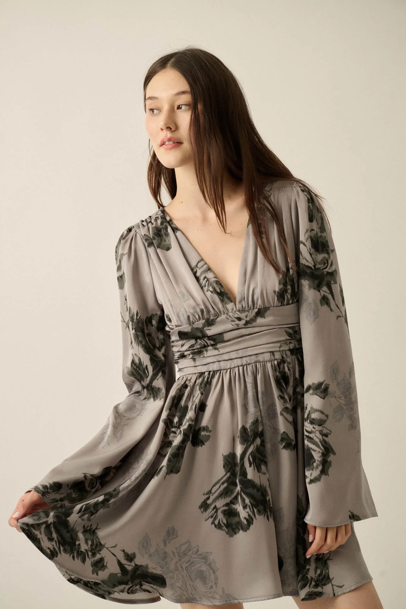 Rose Shadow Floral Satin Bell-Sleeve Mini Dress sold by Promesa product image thumbnail 5