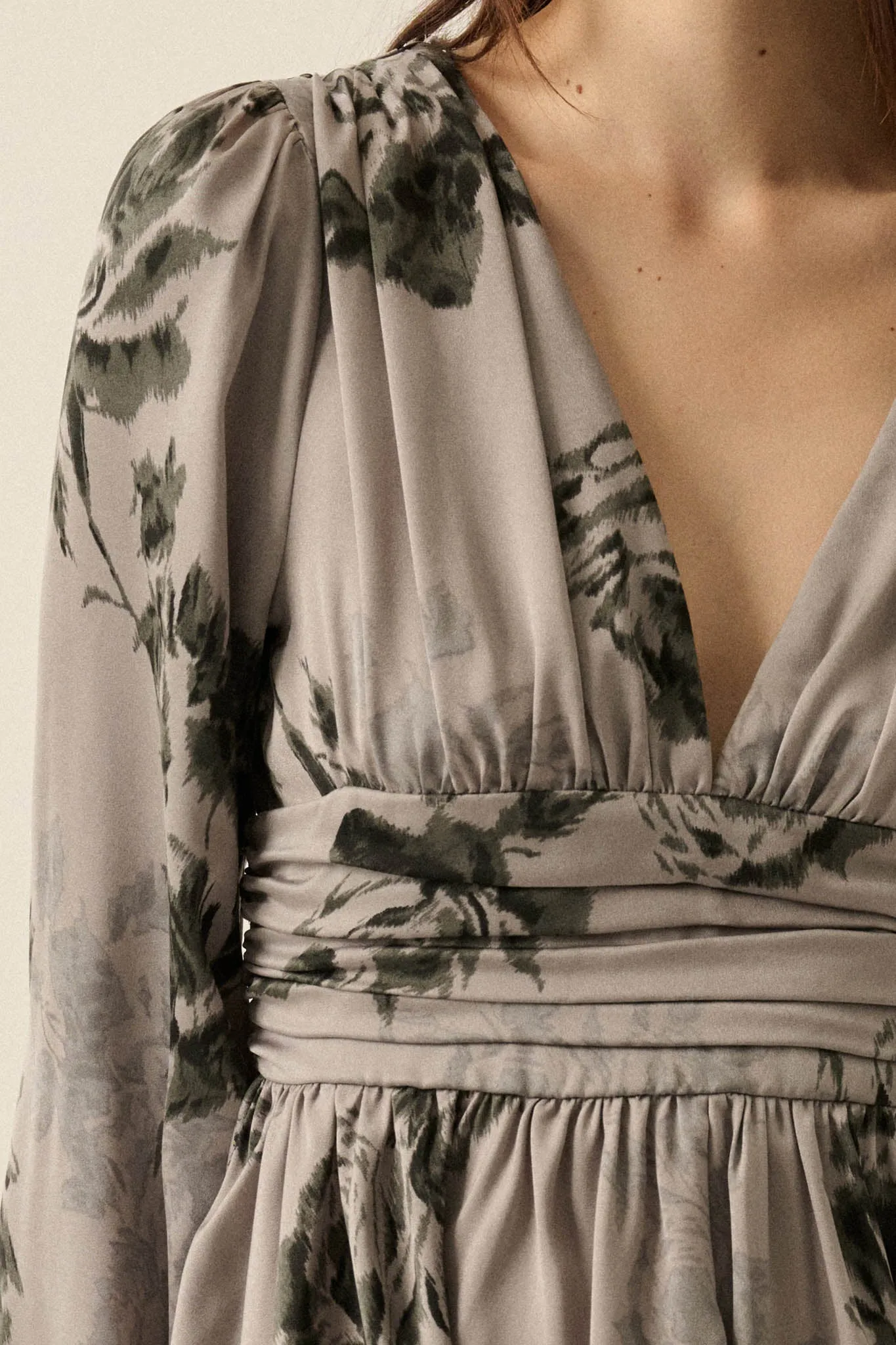 Rose Shadow Floral Satin Bell-Sleeve Mini Dress sold by Promesa product image thumbnail 4