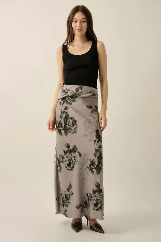 Moonlit Roses Floral Satin Twist-Front Maxi Skirt made by Promesa