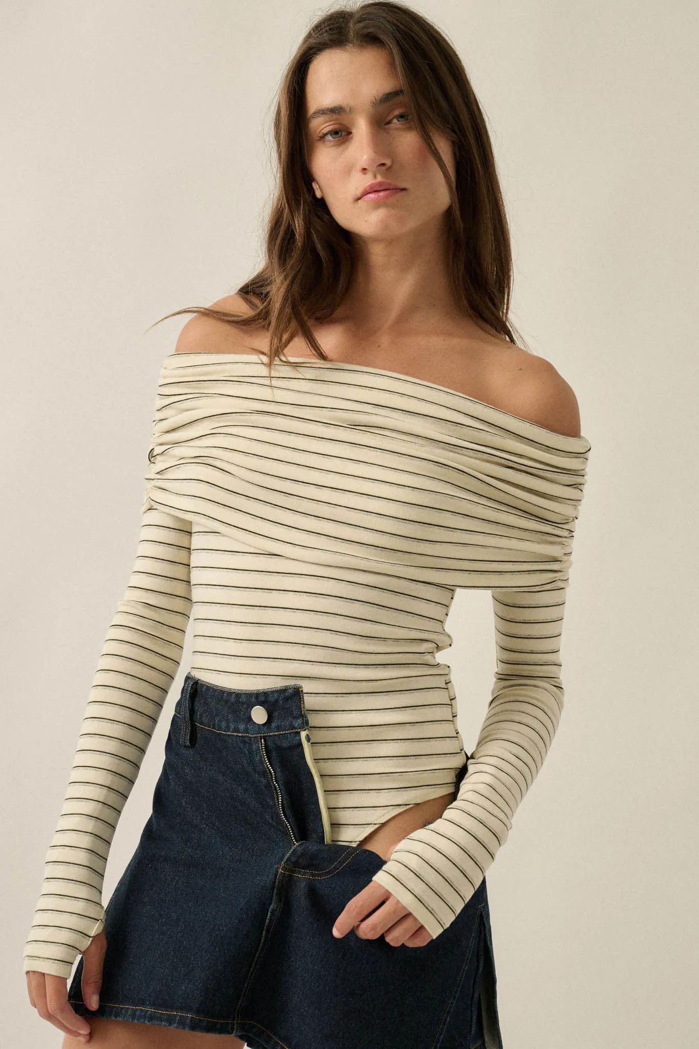 On the Edge Pinstripe Off-Shoulder Foldover Bodysuit sold by Promesa product image thumbnail 4