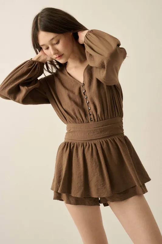 Sunday Stroll Button-Up Bubble-Sleeve Peplum Romper made by Promesa