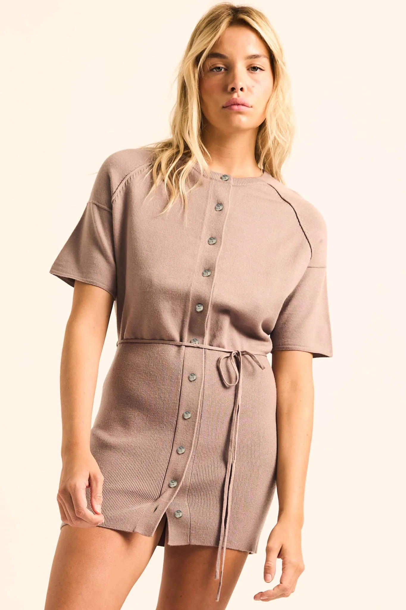 Clean Slate Knit Button-Up Belted Mini Sweater Dress sold by Promesa product image thumbnail 4