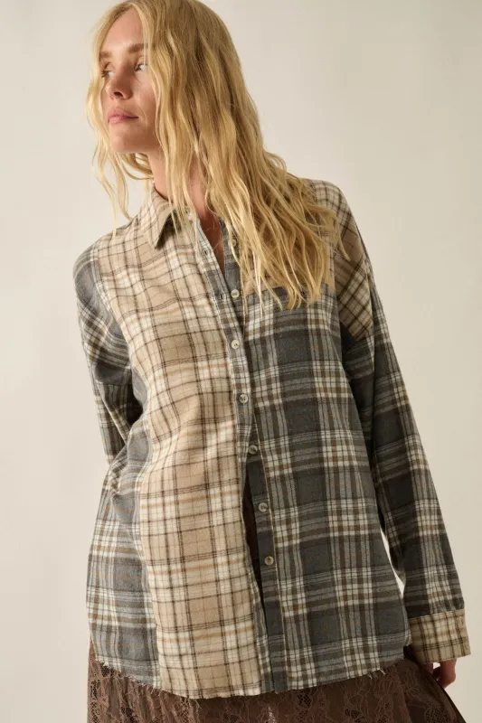 Think Twice Plaid Colorblock Raw-Edge Button-Up Shirt made by Promesa