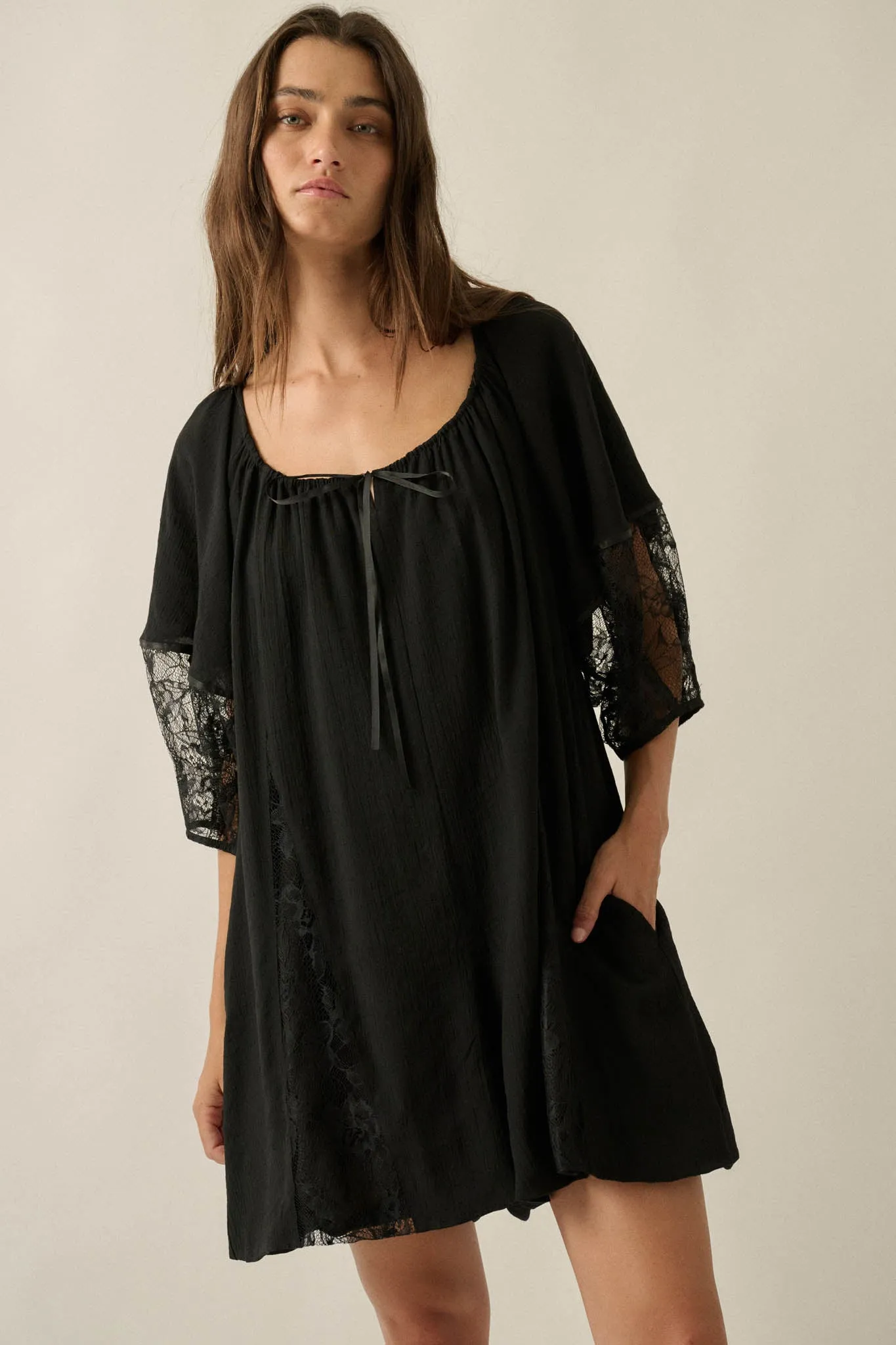 Happy Go Lucky Lace-Inset Puff-Sleeve Romper sold by Promesa product image thumbnail 4